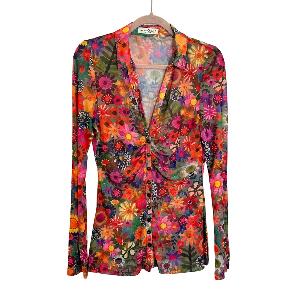 Natural Life Mesh Long Sleeve Shirt Top Size L Multicolor Floral Ruched Sheer